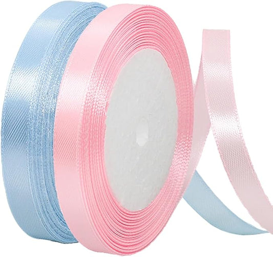 2 Rolls Light Blue Ribbon, 3/8 Inch x 50 Yards Satin Blush Pink Fabric Ribbon for Flower Bouquets, Gift Wrapping, DIY Crafts, Birthday Cakes, Holiday, Wedding Party and Mother’s Day Decorations