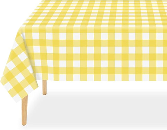 QIKSION Yellow Gingham Tablecloth Disposable 6 Pack, 54 x 108 Inch Yellow and White Checkered Table Cloth for Easter Decorations, Birthday Party Supplies, Rectangle, Plastic Table Cover