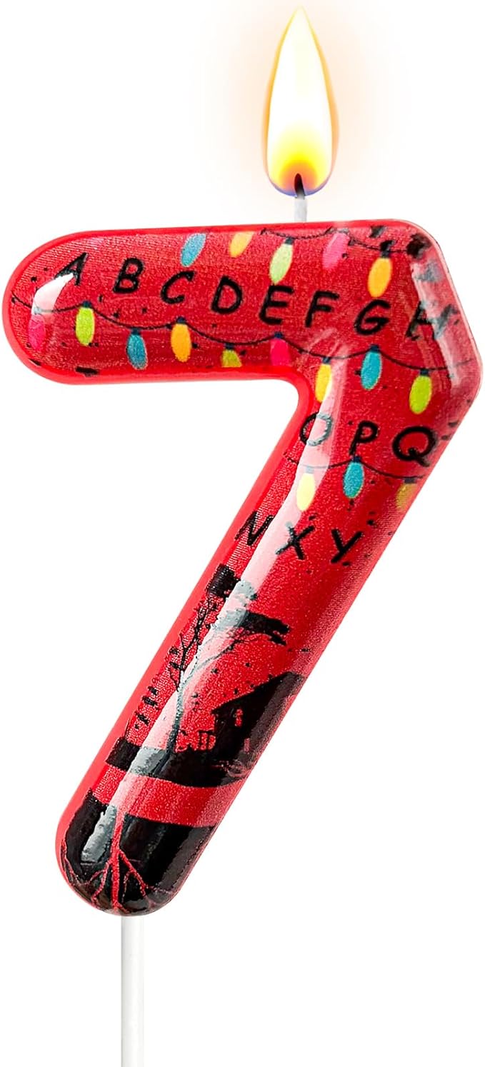 Red Number 7 Birthday Candle for Cake – Dark Horror Style with Alphabet Print & Shadow Design – Unique Cake Topper for Birthday, Anniversary, Themed Party Decoration