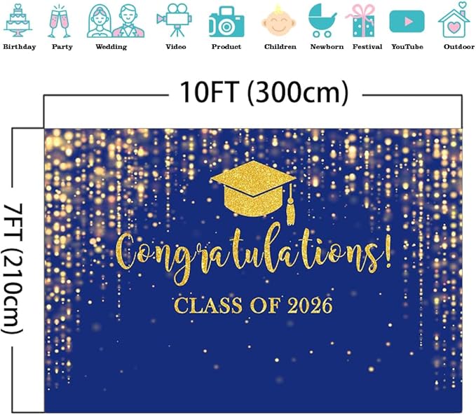 Mocsicka Class of 2026 Backdrop Blue Gold Glitter Bokeh Graduation Party Background 2026 Congrats Grad Prom Party Cake Table Decoration Photo Booth Props (10x7ft)