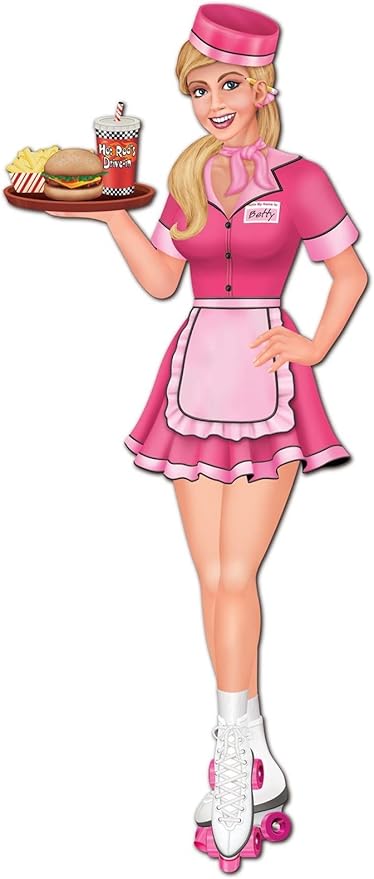 Beistle Jointed 50's Carhop Gril Photo Prop Backdrop, 35" Tall- Retro 1950's Diner Drive-In Wall Decoration, Waitress Cut Out