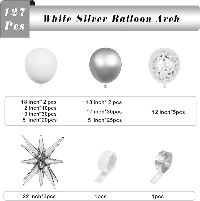 White Silver Balloons Arch Garland Kit-127Pcs Silver Explosion Star Foil Balloon Silver Confetti Balloon for Graduation,Birthday,Baby Shower,Christmas,Fiesta Party Decoration.