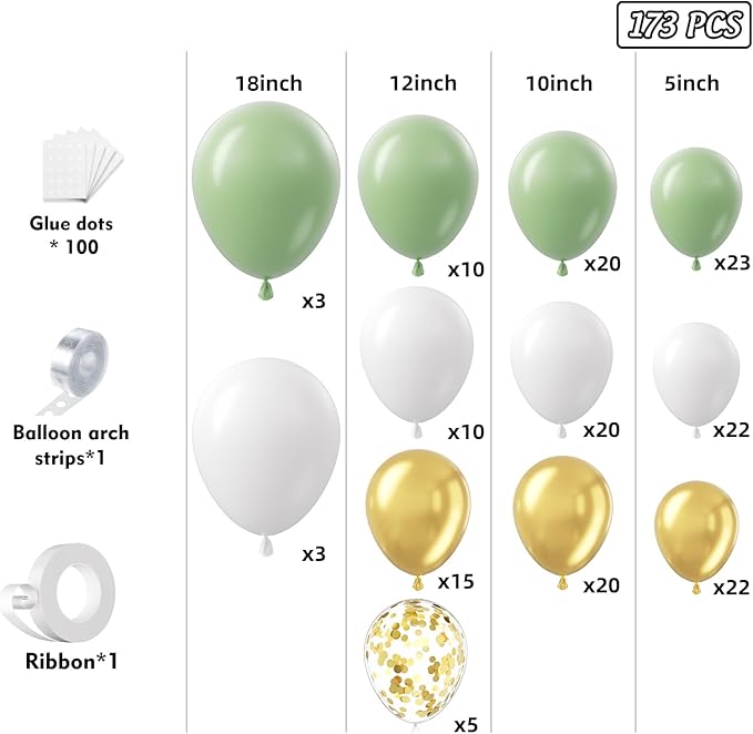 Sage Green White Gold Garland Arch Kit 173Pcs Latex Balloons - 22 18 12 10 5in Different Size Party Balloon Arch Kit for Birthday Baby Shower Wedding Gender Reveal Bridal Party Decoration