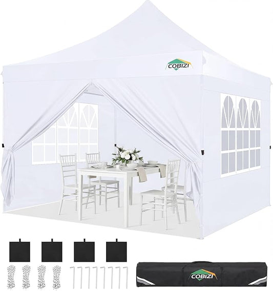 COBIZI 10x10 Pop Up Canopy with 4 Sidewalls, Canopy Tent 10x10 for Parties, Backyard, Commercial, Waterproof and Portable Instant Shelter UV50+ Outdoor Gazebo with 4 Sandbags(Pure White)