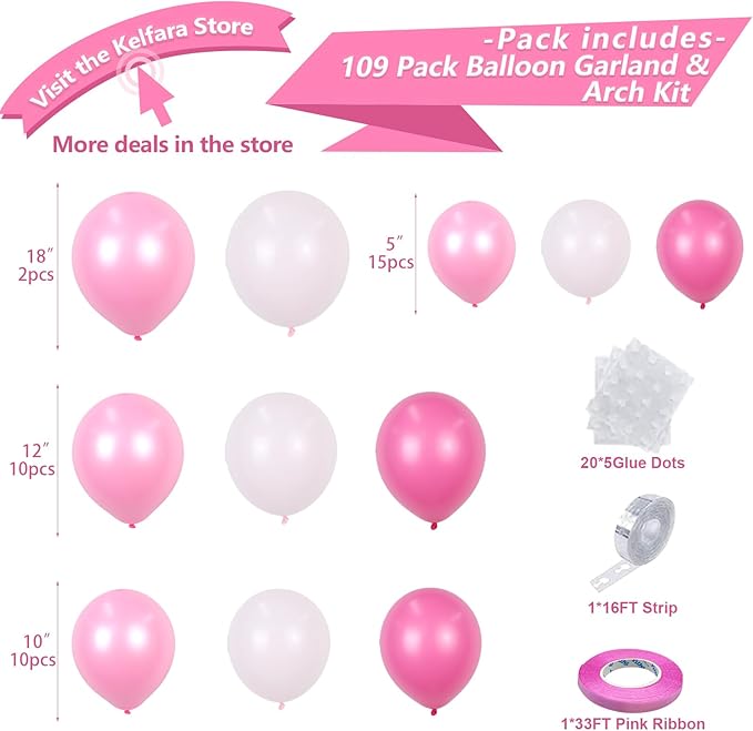 Pink Balloon Garland Arch Kit, Kelfara 109Pcs Hot Pink Latex Pastel Pink Balloon, 18 12 10 5 Inch Latex Balloons for Wedding Birthday Princess Theme Bridal Baby Shower Bridal Shower Party Decorations