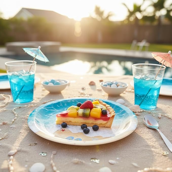 umoni Ocean Waves Plates Summer Beach Birthday Supplies 48 Piece Pool Party Disposable Paper Plates Blue Beach Waves Table Decor for Hawaiian Seaside Holiday Birthday Party Decorations
