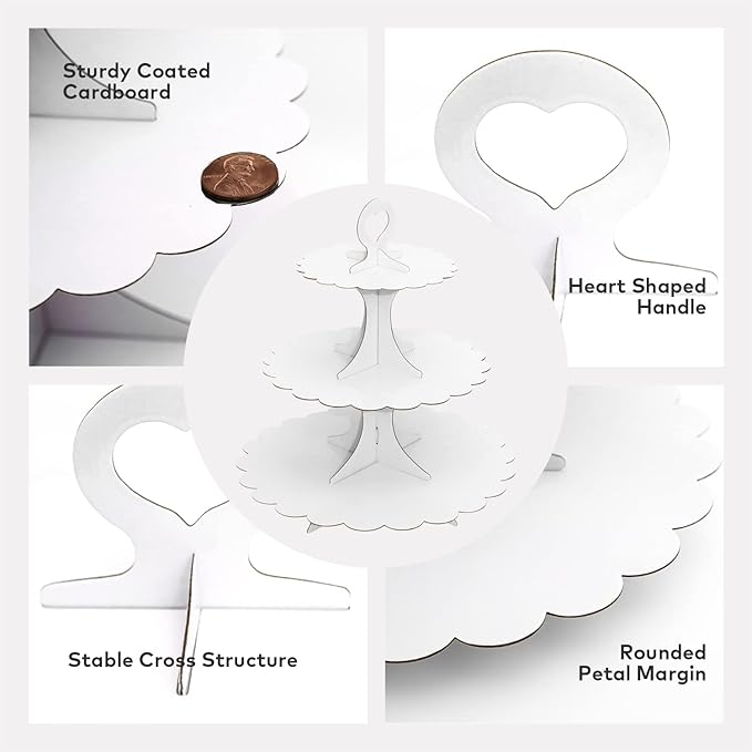3-Tier White Cupcake Stand,Cardboard Dessert Display Tower, Versatile Party Serveware for Wedding Birthday All Occasions, Easy Assembly (2-Pack)