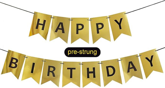 Gold Happy Birthday Banner,Pre-Strung Gold and Black Birthday Party Decorations,16ft Hanging Sign for Kids, Girls, Boys, Women – No DIY, Backdrop Supplies