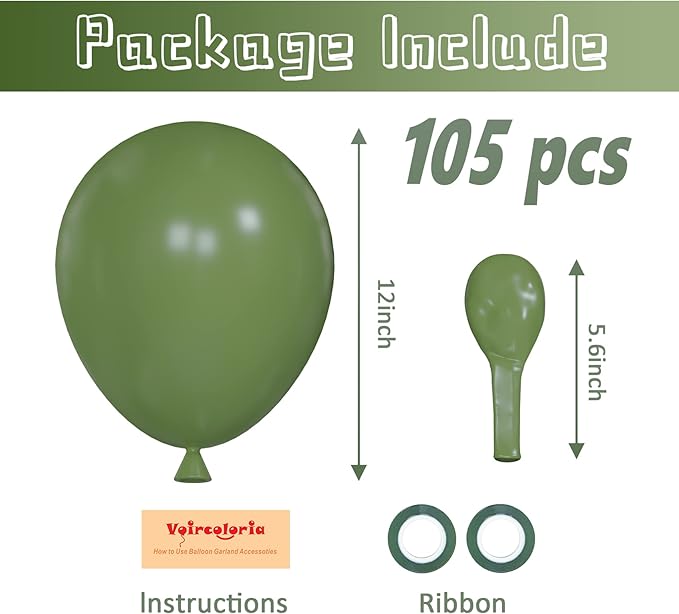 Voircoloria 105pcs Sage Green Balloons 12inch Olive Green Balloons for Birthday Graduation Baby Shower Wedding Anniversary New Year Party Decorations