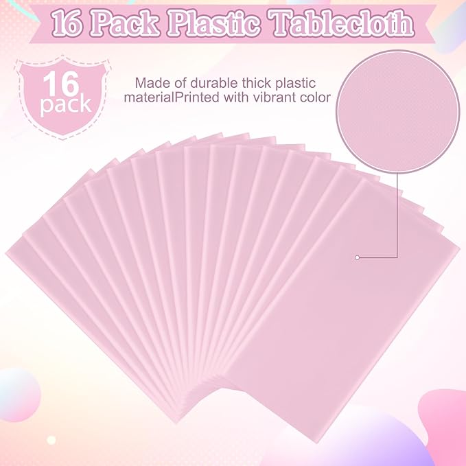 16 Pack Light Pink Plastic Tablecloth for Rectangle Tables, Premium Decorative Pastel Pink Disposable Table Cloths for Parties, Rectangle Party Table Cover for Birthday Wedding Anniversary, 54x108Inch