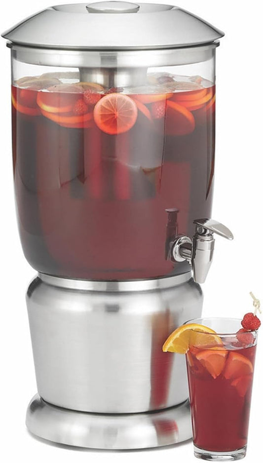 TableCraft 75 Upscale 2.5 Gallon Drink Dispenser with Fruit Infuser & Stand, Tritan & Brushed Stainless Steel, Cold Beverage Dispenser for Catering and Home Use