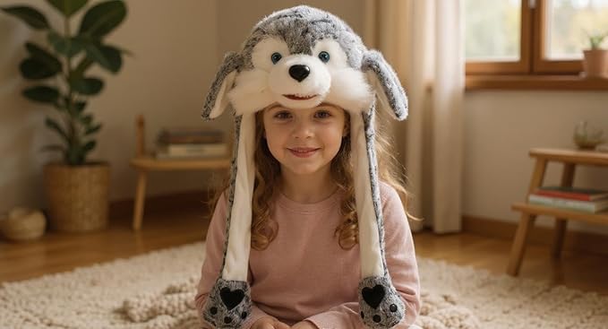 Bubblepompom Animal Hat with Ears Moving Jumping Pop Up Beating Hat Plush Holiday Cosplay Dress Up Funny Gift for Kids