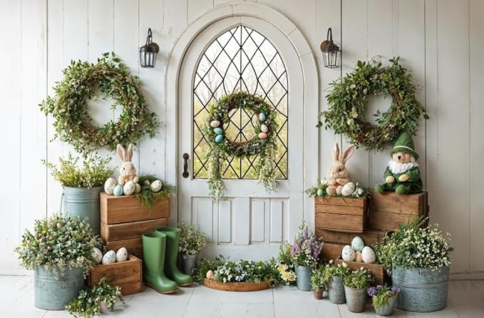Kate Easter Backdrops for Photoshoot Spring Backdrops Wreath Rabbits Eggs White Door Window Photo Backdrop Flowers Holiday Photo Props, 10x6.5ft