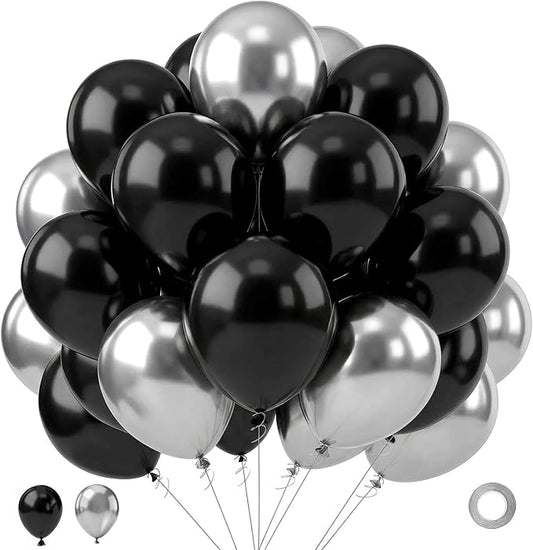 Black and Silver Balloons,65PCS 12 Inch Metallic Chrome Silver and Black Latex Balloons for Birthday Graduation Anniversary Party Decorations