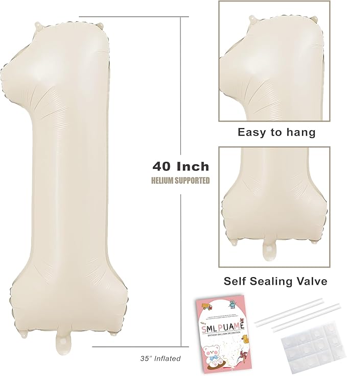 40 Inch Beige Number 5 Balloons for 5th Birthday Decorations Boys Girl, Giant Self-Sealing Cream Foil Number 0-10 White Sand Balloon for Women Men Party Anniversary Baby Shower Supplies