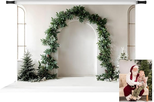 Kate Christmas Arch Door Backdrop Christmas Trees White Wall Background Dark Green Plant Photo Background Studio Props,7x5ft