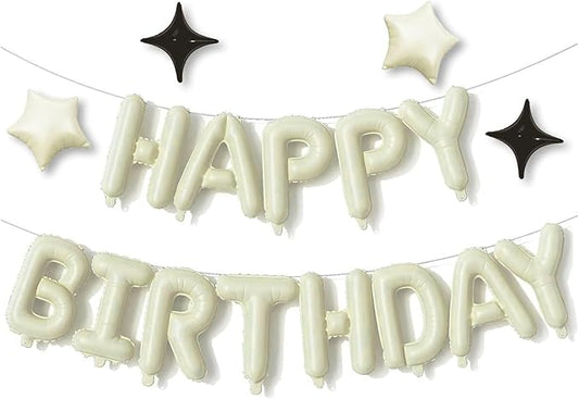 Cream Green Happy Birthday Banner Balloon Aluminum Foil 16 Inch Letter,10 Inch Five Pointed Star Four Pointed Star Suitable for Kids, Men, Women, Boys and Girls Party Decoration Supplies