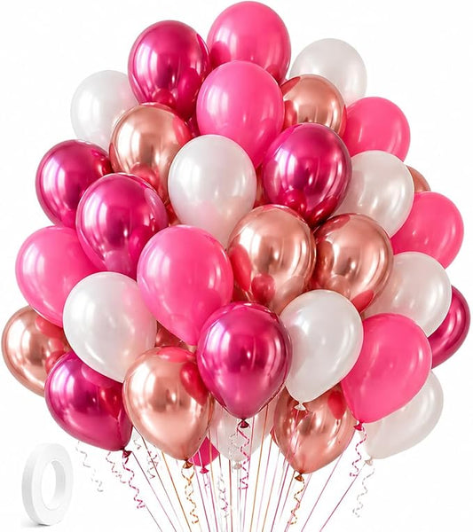 Hot Pink Balloons 60 Pack – Pink Chrome Balloons, Fuchsia, Rose Gold & White 12 Inch Latex Balloons for Balloon Garland Arch, Pink Birthday Decorations, Baby Shower Girl, Bridal Shower