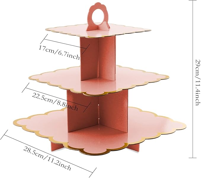 Cupcake Stand,3 Set of Square 3-Tier Dessert Plates Mini Cakes Fruit Candy Display Tower Cookie Tray Rack Candy Buffet Holder Cake Stand Cardboard Cupcake Stand Tiered Serving Stand (Pink)