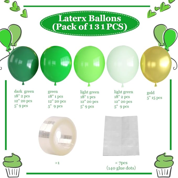 Green Balloon Arch Garland Kit,131PCS Shades of Green and Gold Balloon Arch, Latex Party Balloons in Different Sizes for Jungle Safari Birthday, Baby Shower Decor