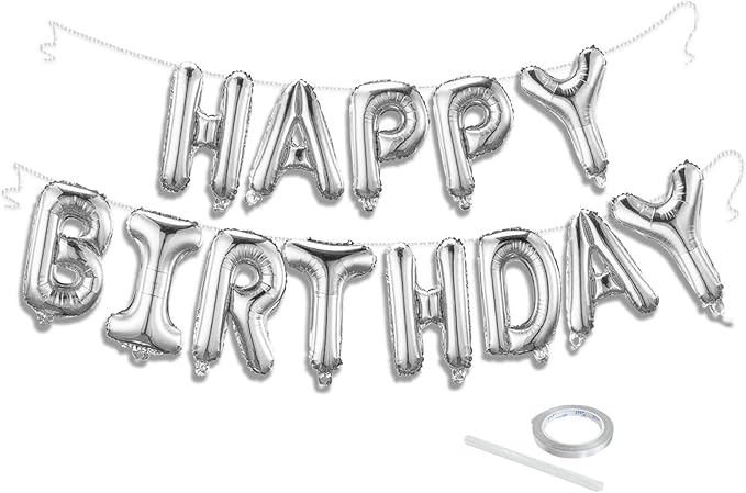 Silver Happy Birthday Balloon Banner Set -16 Inch Foil Letters Balloons, Reusable Birthday Decorations and Party Supplies, Suitable for Men and Women's Birthday Decorations，Party Backdrop