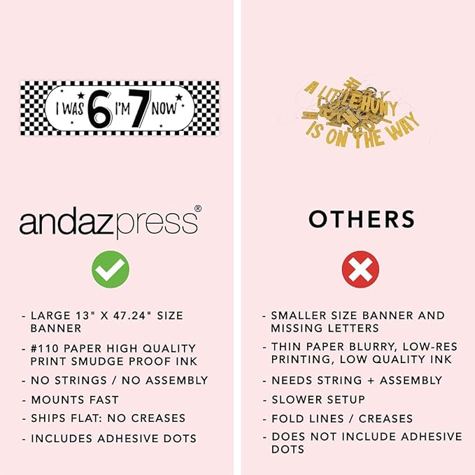 Andaz Press 13x48 Inch 6 7 Birthday Banner Decorations, I Was 6 Now I'm 7 Birthday Banner Black Checkered 67 Happy Birthday Party Banner for Boys or Girls, Home or Party Decor Backdrop Sign