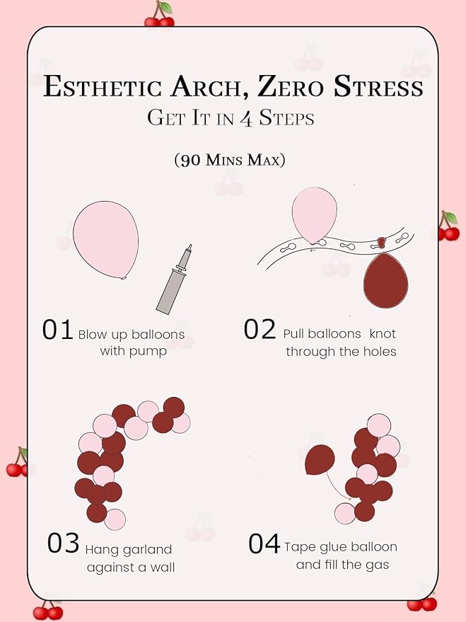 Soonlyn Cherry Balloons Arch kit, 200Pcs Cherry Birthday Decorations Red Pink White Balloons for Shes the Cherry on Top Decorations, Bridal Shower