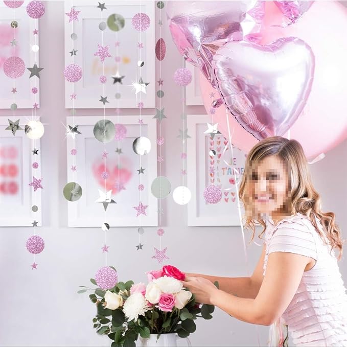 Decor365 Silver Pink Star Garland Decorations Twinkle Little Star Birthday Baby Shower Graduation Party Decor Banner Moon Stars Starry Night Galaxy Planet Celestial Theme Backdrop