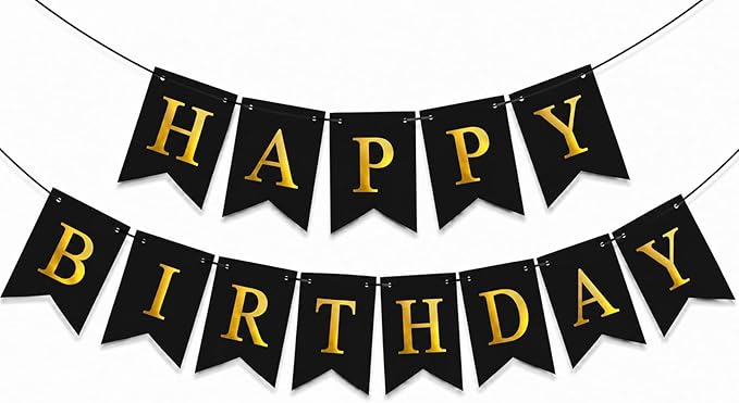 Happy Birthday Banner Birthday Party Banner NO DIY Happy Birthday Sign Pre-Strung Birthday Hanging Decoration for Women Men Girl Boy Party Supplies (Black and Gold)