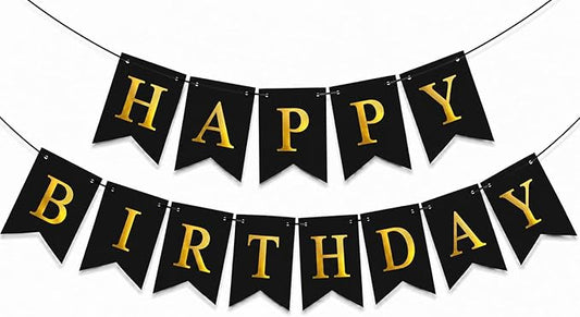 Happy Birthday Banner Birthday Party Banner NO DIY Happy Birthday Sign Pre-Strung Birthday Hanging Decoration for Women Men Girl Boy Party Supplies (Black and Gold)