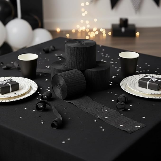 Black Streamers 4 Rolls, 328 Ft Black Crepe Paper, Streamer Party Decorations for Birthday, Wedding, Showers (1.8 in x 82 ft/Roll)