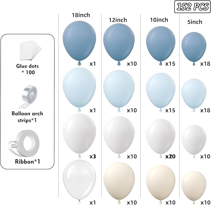 Dusty Blue White Sand Balloons Garland Arch Kit 152pcs Dusty Blue Sand White Baby Blue White Latex Balloon Arch Kit for Birthday Baby Shower Wedding Gender Reveal Anniversary Party Decorations
