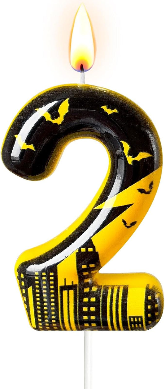 Black Yellow Number 2 Birthday Candle for Cake – Dark Night Hero Style with Bat & City Silhouette Design – Unique Cake Topper for Birthday, Anniversary, Themed Party Decoration