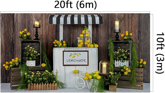 Kate Lemon Shop Backdrop Photography 20x10ft Summer Kids Birthday Lemonade Party Decoration Photo Backgrounds Brown Wood Wall Seamless Soft Fabric Backdrop Shooting