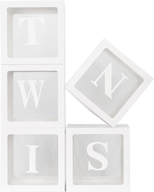 White TWINS Balloons Boxes with 5 PCS Clear Balloon Boxes and 5pcs Letters for Birthday Party Gender Reveal Decorations