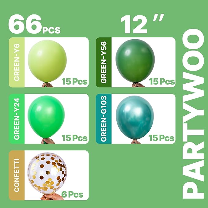 PartyWoo Green Balloons 66pcs 12 Inch Light Lime Dark Emerald Hunter Forest Metallic Green Gold Confetti Balloons for Baby Shower Wedding Engagement Jungle Woodland Birthday Party Decorations