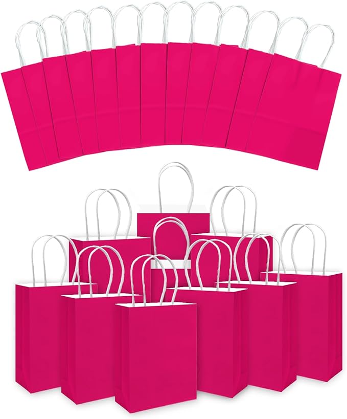 qiqee 24PCS Small Gift Bag with Handles Bulk 8.3"x6"x3" Gift Bags Rose Pink Bags Multiple Uses (Small Size)