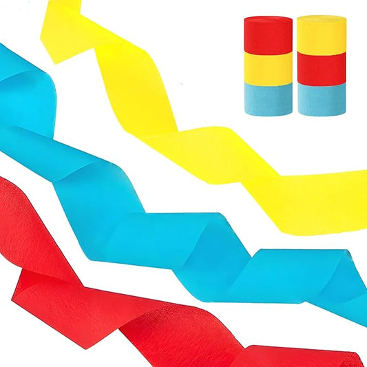 Red Yellow Blue Crepe Paper Streamers,Party Streamers for Sports Events,Birthday Party,Graduation Decorations, 6 Rolls（82 Feet Long x 1.77 Inch）