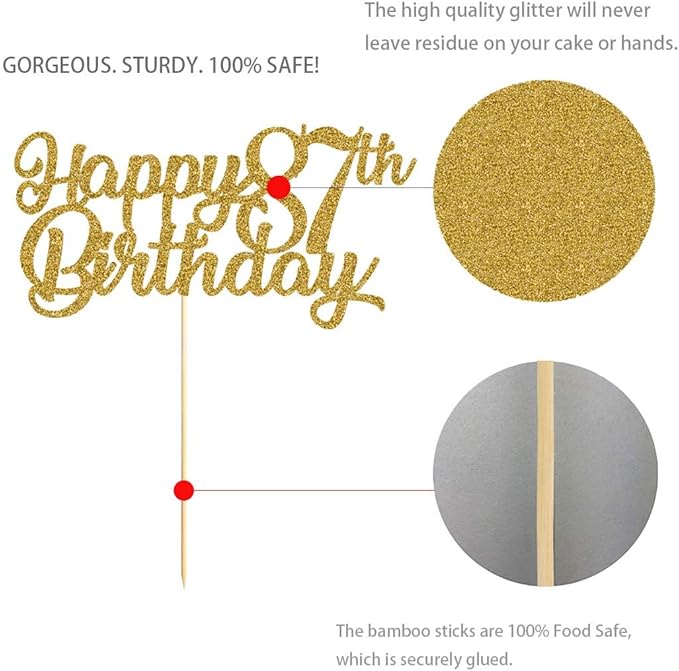 87th Birthday Cake Topper, Gold Glitter Cheers To 87 Years Party Decoration, Supply