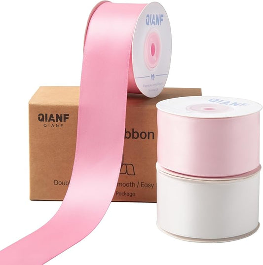 QIANF Pink Double Face Satin Ribbon 1-1/2 Inch x 45 Yards White Fabric Ribbon for Gift Wrapping, Flower Bouquets, Hair Bows Making, Wedding Decoration, Invitation Cards, Christmas (3 Rolls *15Yd)