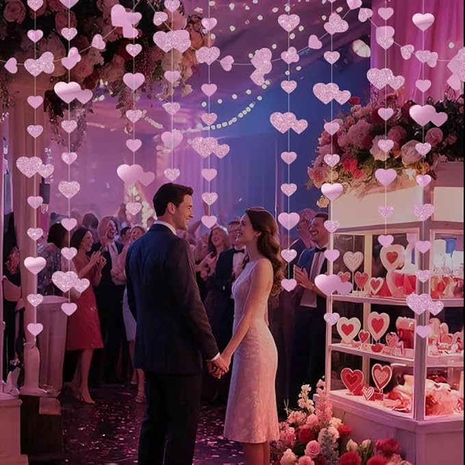 Pink Heart Garland Hanging Sparkling Love Streamer Glitter Bunting Banner Twinkle Heart Backdrop for Wedding Engagement Valentines Galentines Birthday Party Decor 40 Feet