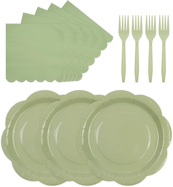 75 PCS Sage Green Paper Plates and Napkins Party Supplies, Green Scalloped Plates Napkins Forks Disposable Tableware Set for Bridal Baby Shower Wedding Birthday Party Decorations