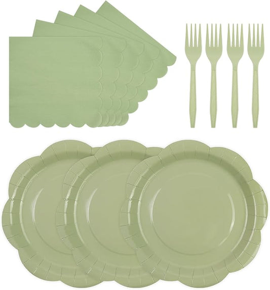 75 PCS Sage Green Paper Plates and Napkins Party Supplies, Green Scalloped Plates Napkins Forks Disposable Tableware Set for Bridal Baby Shower Wedding Birthday Party Decorations