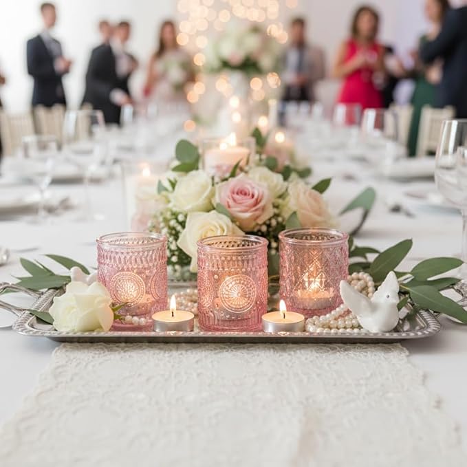 LETINE Set of 16 Pink Votive Candle Holders, Glass Tea Light Candle Holder with 4 Retro & Floral Patterns, Decorative Candle Holders for Parties, Spring Summer Wedding Table Centerpieces & Home Decor