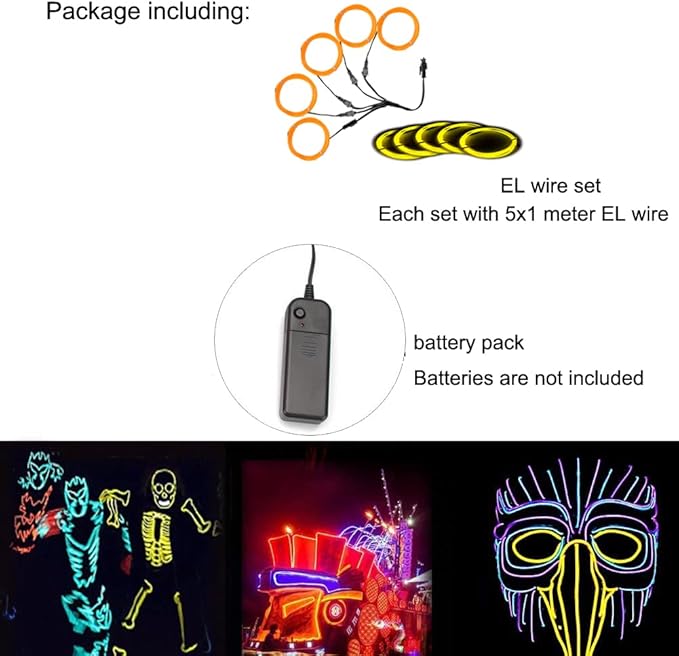 Neon Light 5-in-1 Meter Wire，Portable Battery Pack with Decorative Wire，Suitable for Birthday Parties，Thanksgiving and Other Occasions. (Yellow)