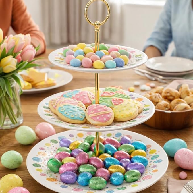 Three Tier Dessert Stand for Entertaining, Decorative Serving Tray for Easter, Tea Parties & Celebrations, Melamine with Gold Metal Handle