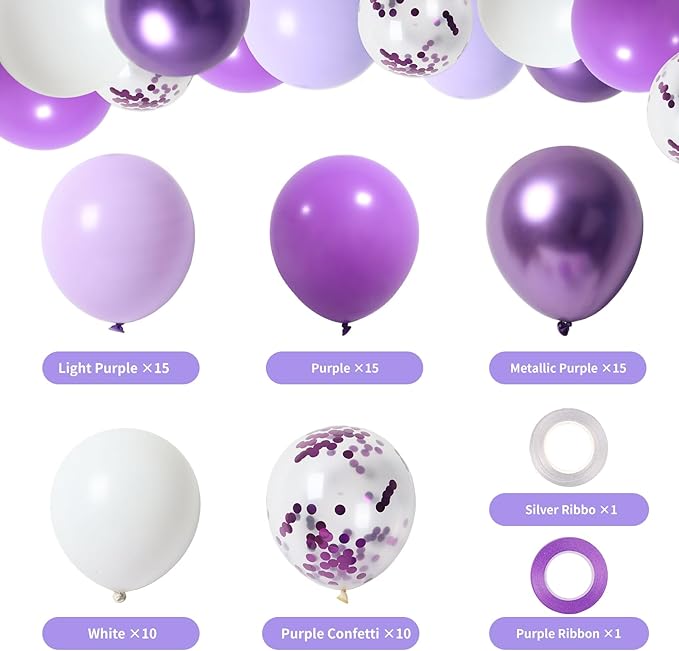 RUBFAC Purple Balloons, Lavender Purple Metallic and Confetti Party Balloons 65pcs 12 Inch for Mother's Day, Baby Shower, Girls Birthday, Wedding, Anniversary Party Decorations
