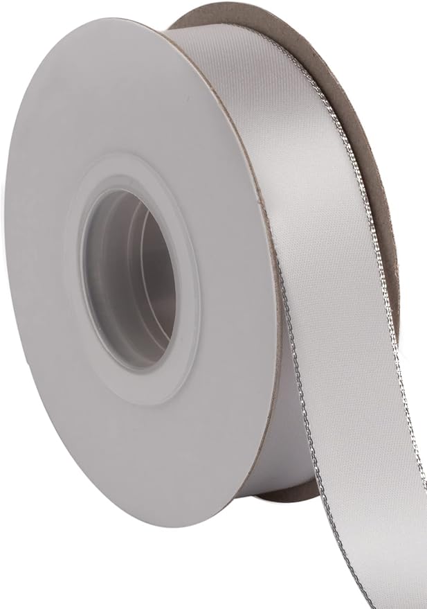 1" Double Face Satin Ribbon with Silver Edge 25 Yards (007-Shell Grey), Perfect for Gift Wrapping, Party Decor, Wedding and Craft