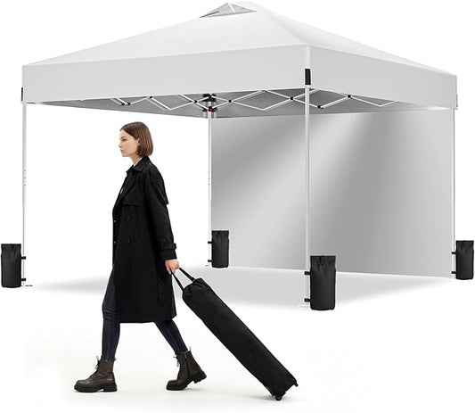 10X10FT White Pop Up Canopy Tent with 1 Sidewalls & Roller Carrybag, Outdoor Adjustable Height Instant Shelter Gazebo with Sturdy Ground Spikes & Sandbags for Camping, Patio, Backyard, Event