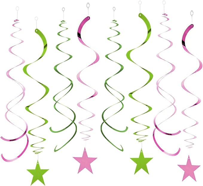 GAKA Pink and Green Foil Hanging Ceiling Swirls Garland,Star Swirl Streamer Decorations for Birthday,Anniversary,Graduation Party Supplies(24Pcs)